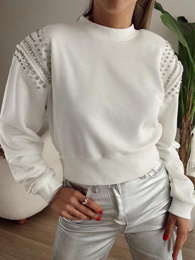 Ekru Vatkalı Taşlı Crop Bluz