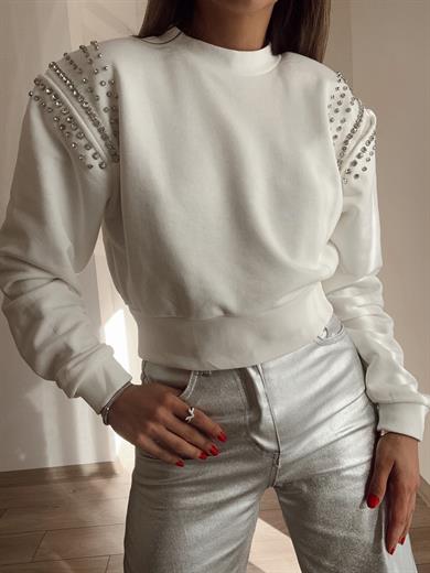 Ekru Vatkalı Taşlı Crop Bluz