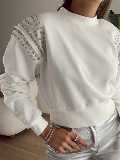 Ekru Vatkalı Taşlı Crop Bluz