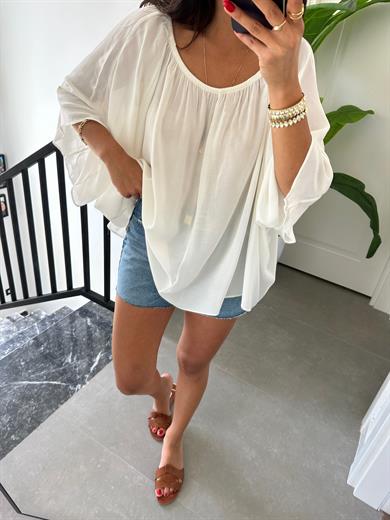 Ekru Yakası Lastikli Bluz