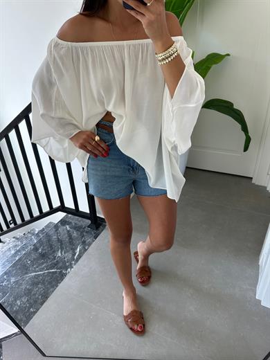 Ekru Yakası Lastikli Bluz