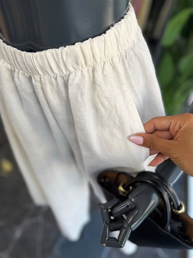 Ekru Yan Parçalı Keten Pantolon