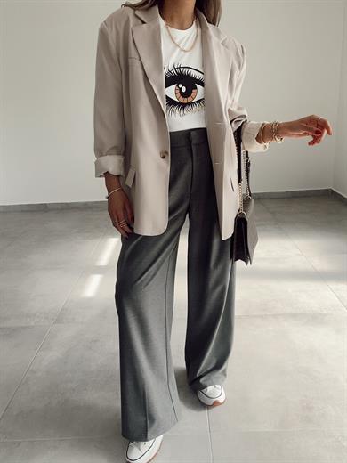 Ekru Yanları Şerit Detaylı Baskılı Tshirt