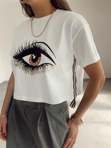 Ekru Yanları Şerit Detaylı Baskılı Tshirt