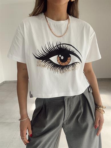 Ekru Yanları Şerit Detaylı Baskılı Tshirt