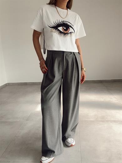 Ekru Yanları Şerit Detaylı Baskılı Tshirt