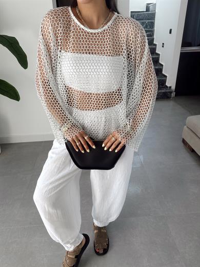 Ekru Yarasa Kol File Bluz