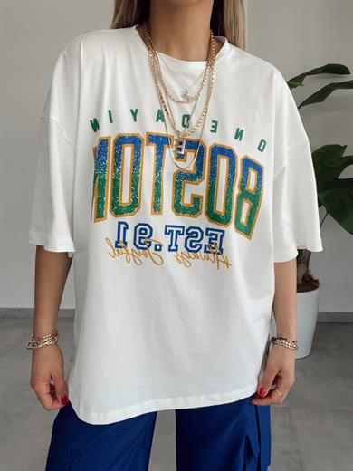 Ekru Yazı  Baskılı Oversize Tişört