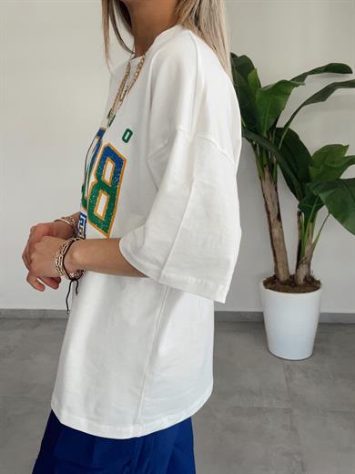 Ekru Yazı  Baskılı Oversize Tişört