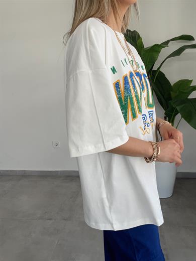 Ekru Yazı  Baskılı Oversize Tişört