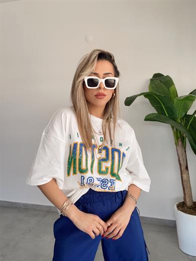 Ekru Yazı  Baskılı Oversize Tişört