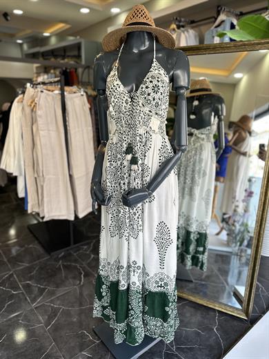 Ekru-Yeşil Hint Elbise