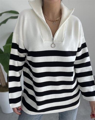 Fermuarlı Çizgili Ekru-Siyah Triko Kazak