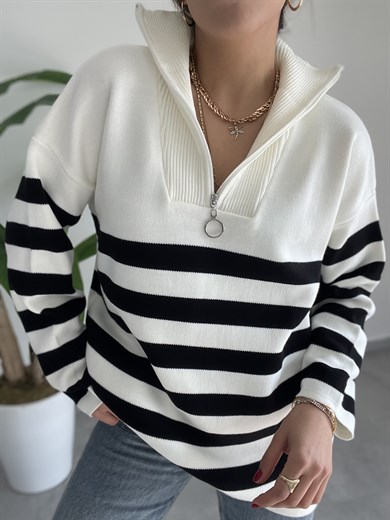 Fermuarlı Çizgili Ekru-Siyah Triko Kazak