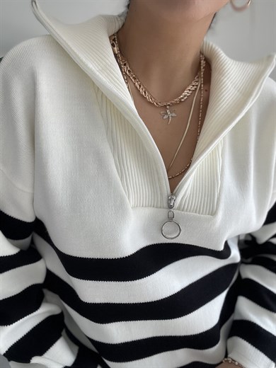 Fermuarlı Çizgili Ekru-Siyah Triko Kazak