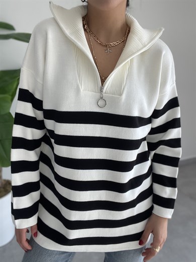 Fermuarlı Çizgili Ekru-Siyah Triko Kazak