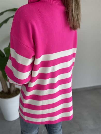 Fermuarlı Çizgili Neon Fuşya Triko Kazak