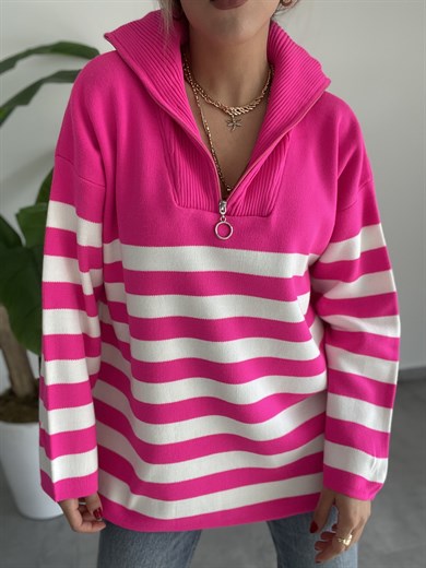 Fermuarlı Çizgili Neon Fuşya Triko Kazak