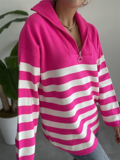Fermuarlı Çizgili Neon Fuşya Triko Kazak