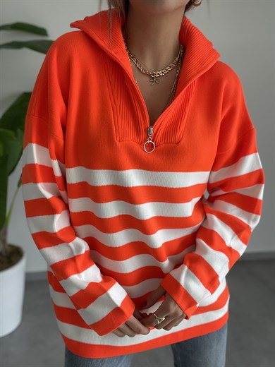 Fermuarlı Çizgili Neon Oranj-Ekru Triko Kazak
