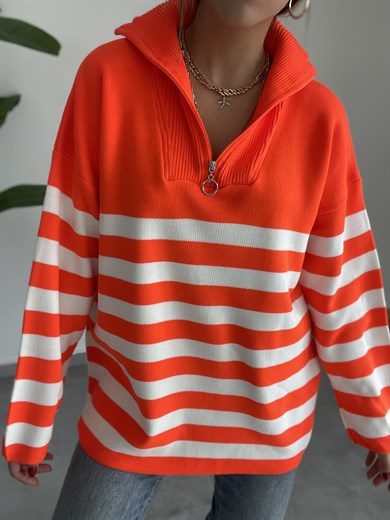 Fermuarlı Çizgili Neon Oranj-Ekru Triko Kazak