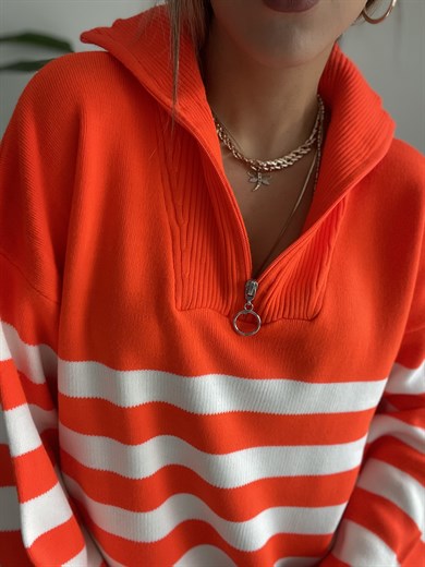 Fermuarlı Çizgili Neon Oranj-Ekru Triko Kazak