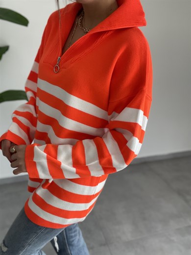 Fermuarlı Çizgili Neon Oranj-Ekru Triko Kazak