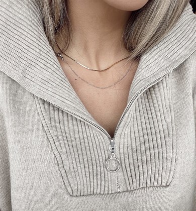 Fermuarlı Yırtmaçlı Bej Triko