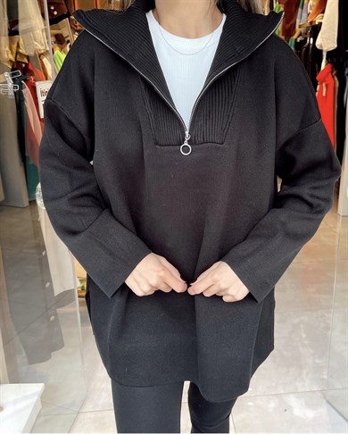 Fermuarlı Yırtmaçlı Siyah Triko