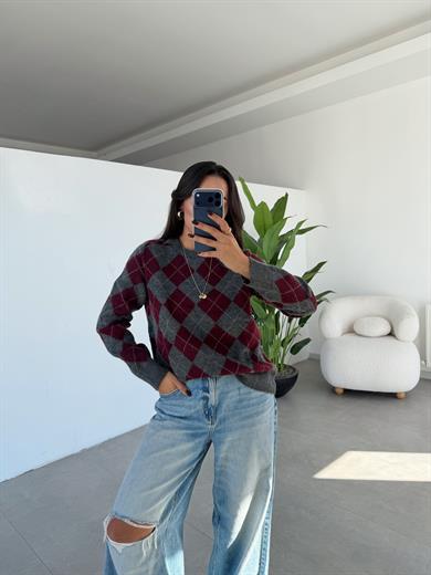 Füme-Bordo Sandık Yaka Kazak