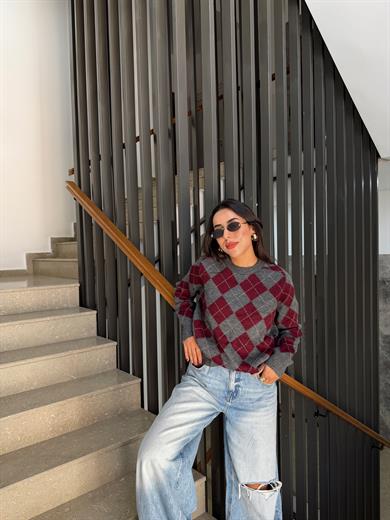 Füme-Bordo Sandık Yaka Kazak