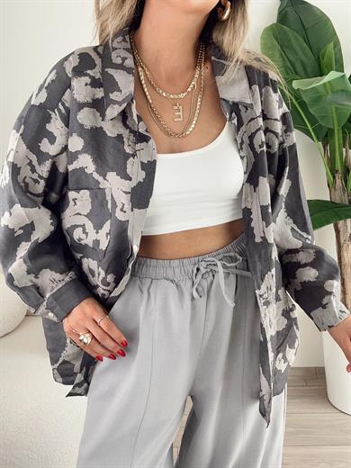 Füme Desenli Düşük Omuzlu Gömlek