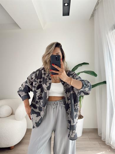 Füme Desenli Düşük Omuzlu Gömlek