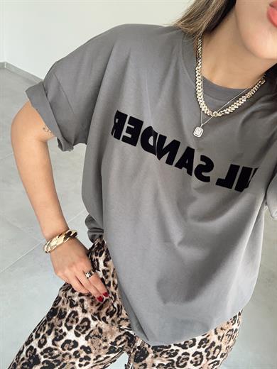 Füme-Siyah Yazılı Tişört