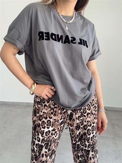 Füme-Siyah Yazılı Tişört