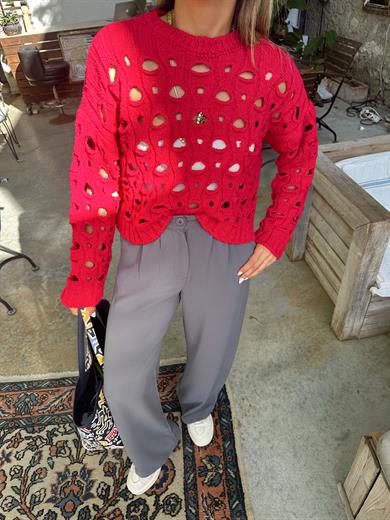 Fuşya Delikli Bisiklet Yaka Triko Kazak