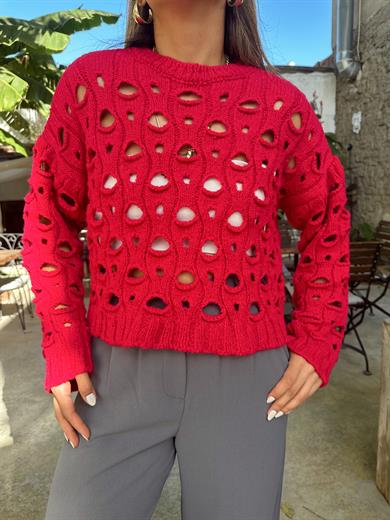 Fuşya Delikli Bisiklet Yaka Triko Kazak