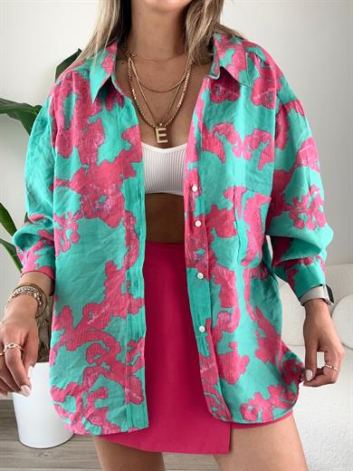 Fuşya Desenli Düşük Omuz Gömlek