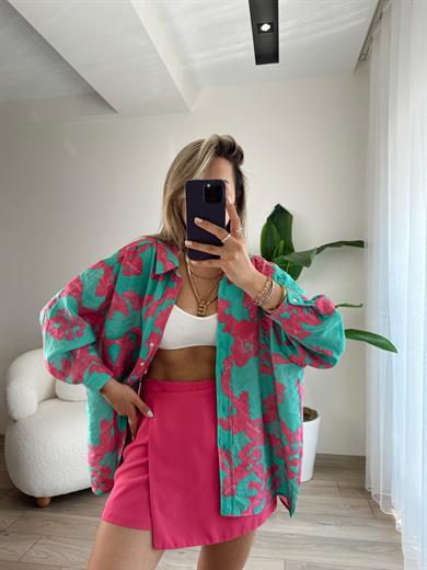 Fuşya Desenli Düşük Omuz Gömlek