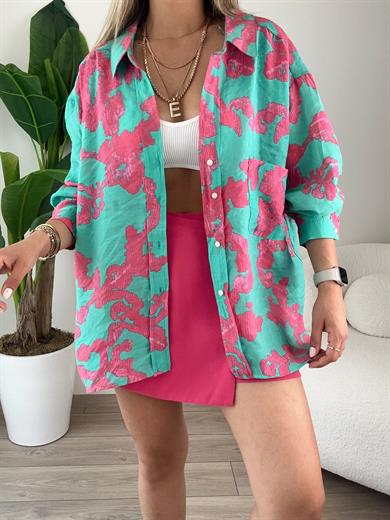 Fuşya Desenli Düşük Omuz Gömlek