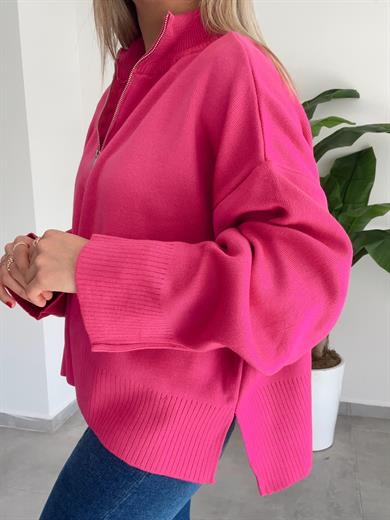 Fuşya Fermuarlı Salaş Triko