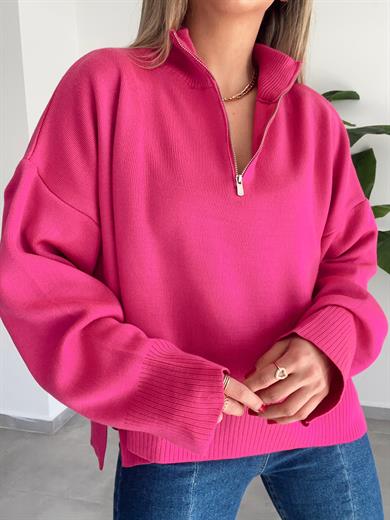 Fuşya Fermuarlı Salaş Triko