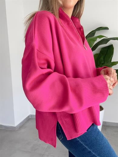 Fuşya Fermuarlı Salaş Triko