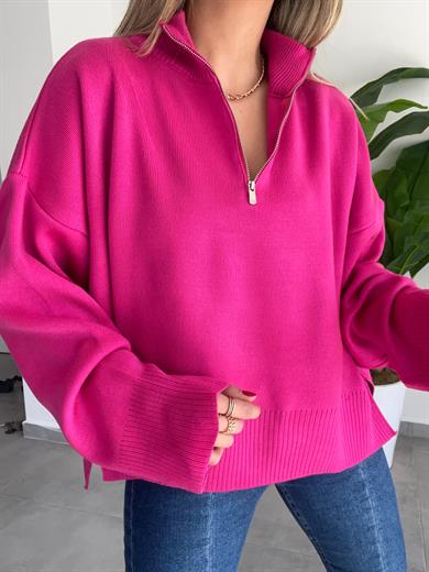 Fuşya Fermuarlı Salaş Triko