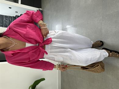 Fuşya Flamlı Keten Çift Cep Oversize Gömlek