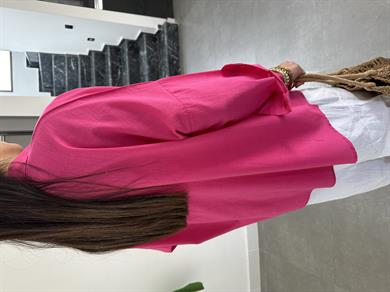 Fuşya Flamlı Keten Çift Cep Oversize Gömlek