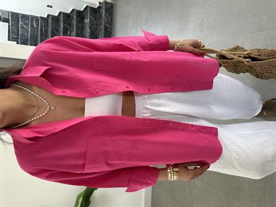 Fuşya Flamlı Keten Çift Cep Oversize Gömlek