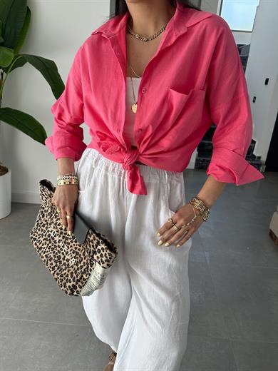 Pembe Flamlı Keten Tek Cep Oversize Gömlek