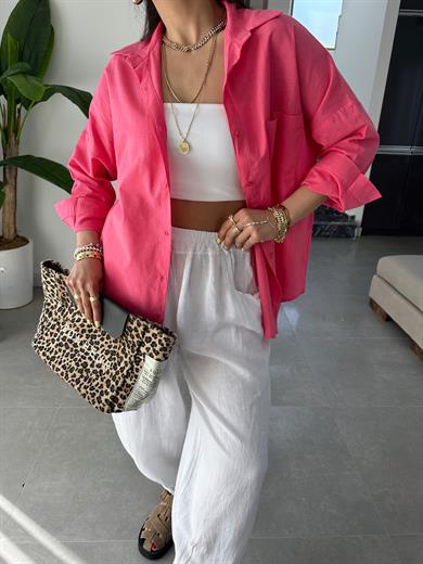 Pembe Flamlı Keten Tek Cep Oversize Gömlek