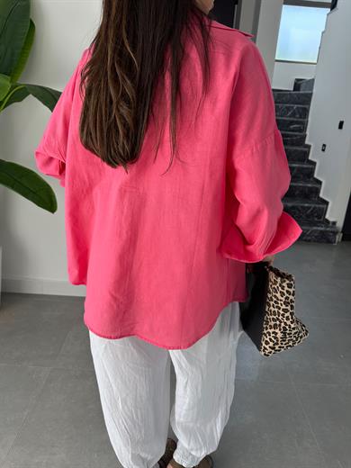 Pembe Flamlı Keten Tek Cep Oversize Gömlek